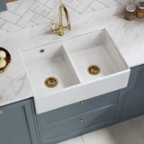 Modern Splash 795mm x 500mm x 220mm Fireclay White Double Bowl Butler Sink With Stepped Weir And Overflow