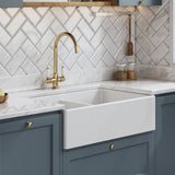 Modern Splash 795mm x 500mm x 220mm Fireclay White Double Bowl Butler Sink With Stepped Weir And Overflow