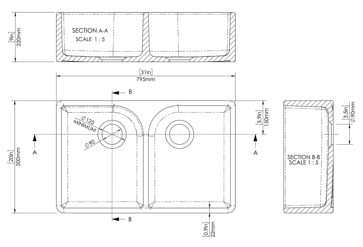 Modern Splash 795mm x 500mm x 220mm Fireclay White Double Bowl Butler Sink With Offset Waste And Full Weir