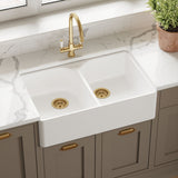 Modern Splash 795mm x 500mm x 220mm Fireclay White Double Bowl Butler Sink With Offset Waste And Full Weir