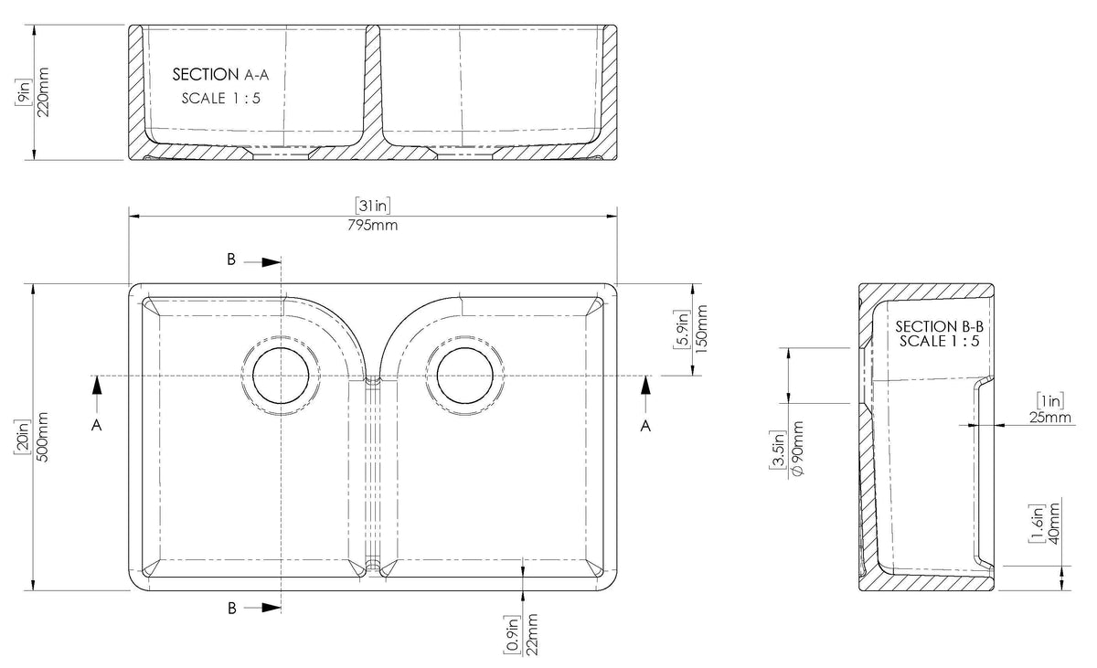 Modern Splash 795mm x 500mm x 220mm Fireclay White Double Bowl Butler Sink With Offset Waste And Stepped Weir