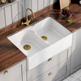 Modern Splash 795mm x 500mm x 220mm Fireclay White Double Bowl Butler Sink With Offset Waste And Stepped Weir