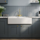 Modern Splash 895mm x 550mm x 220mm Fireclay White Double Bowl Butler Sink With Stepped Weir And Tap Ledge