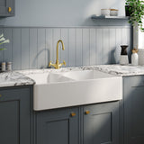 Modern Splash 895mm x 550mm x 220mm Fireclay White Double Bowl Butler Sink With Stepped Weir And Tap Ledge