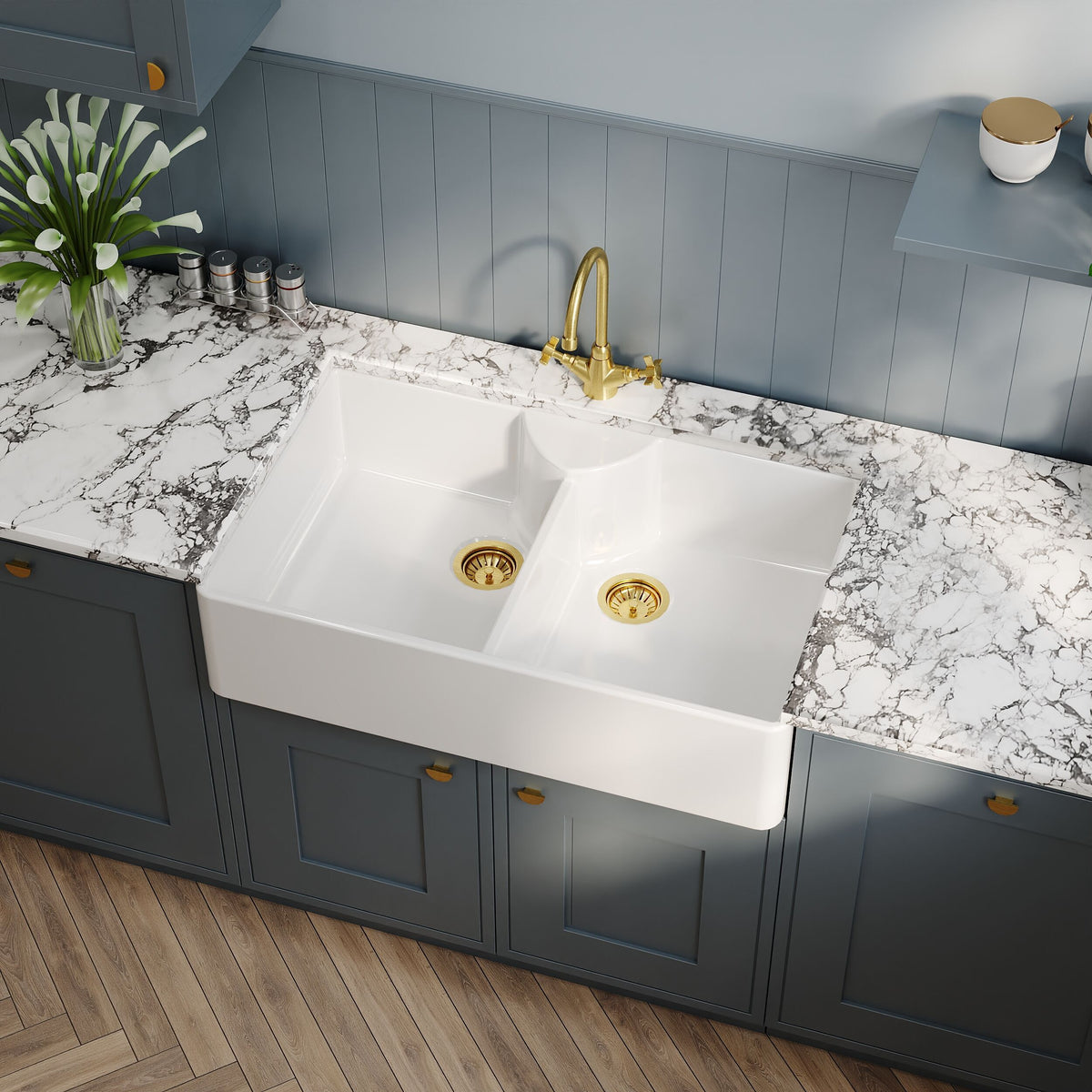 Modern Splash 895mm x 550mm x 220mm Fireclay White Double Bowl Butler Sink With Stepped Weir And Tap Ledge