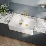 Modern Splash 895mm x 550mm x 220mm Fireclay White Double Bowl Butler Sink With Stepped Weir And Tap Ledge