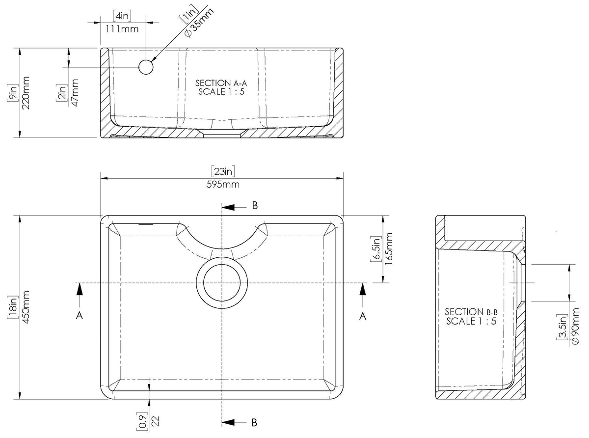 Modern Splash 595mm x 450mm x 220mm Fireclay White Single Bowl Butler Sink With Tap Ledge And Overflow