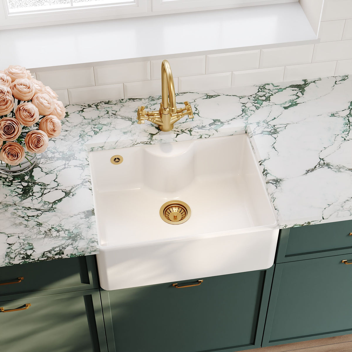 Modern Splash 595mm x 450mm x 220mm Fireclay White Single Bowl Butler Sink With Tap Ledge And Overflow