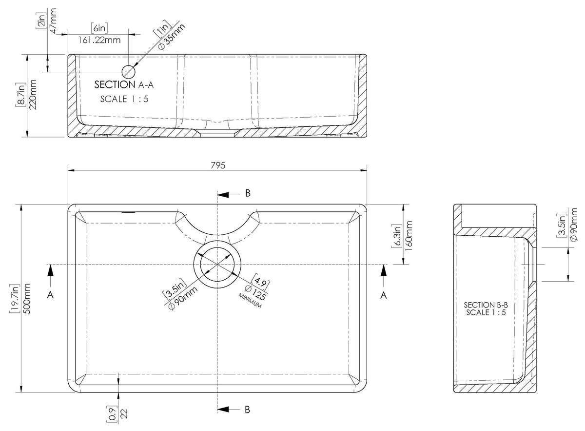 Modern Splash 795mm x 500mm x 220mm Fireclay White Single Bowl Butler Sink With Tap Ledge And Overflow