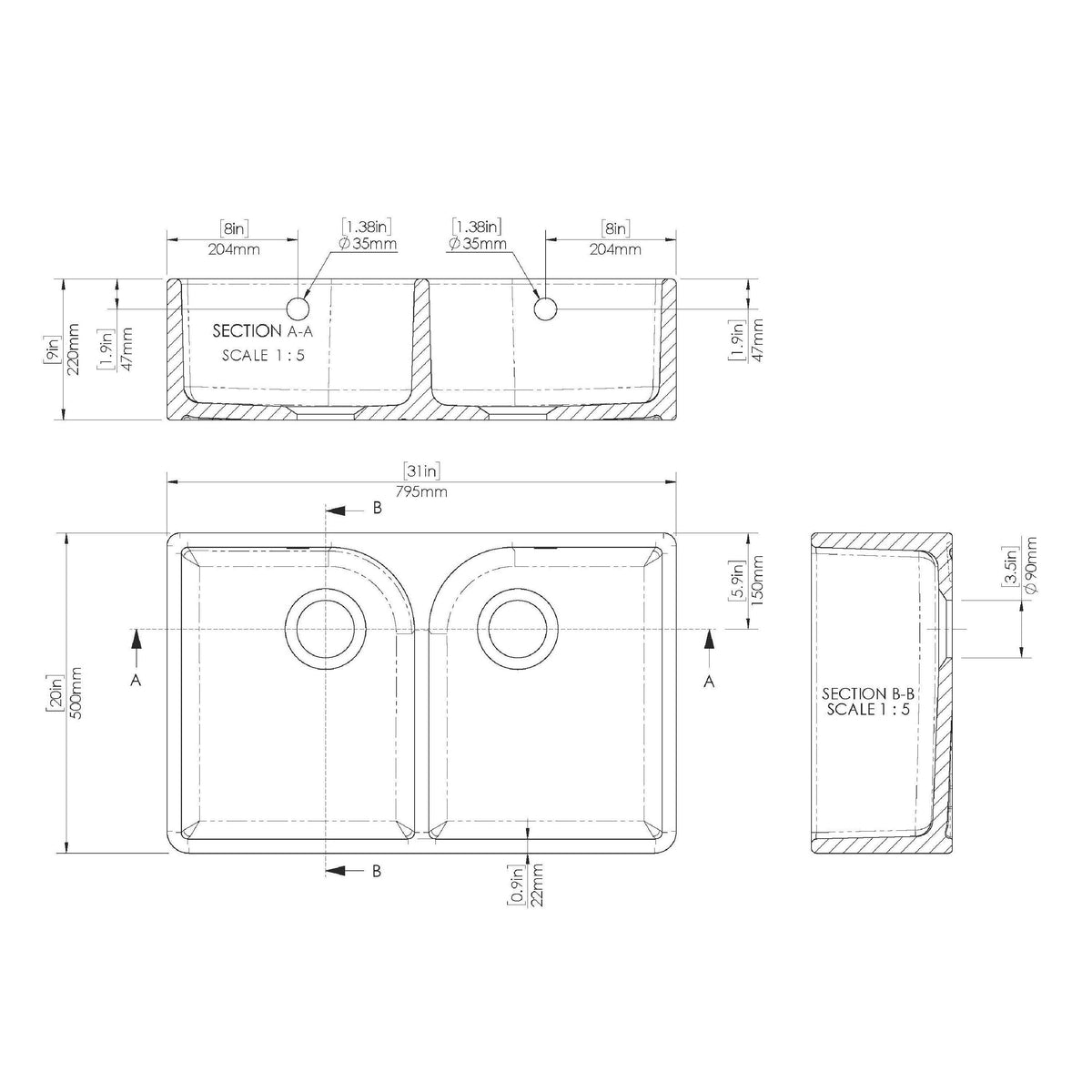 Modern Splash 795mm x 500mm x 220mm Fireclay White Double Bowl Butler Sink With Full Weir And Overflow