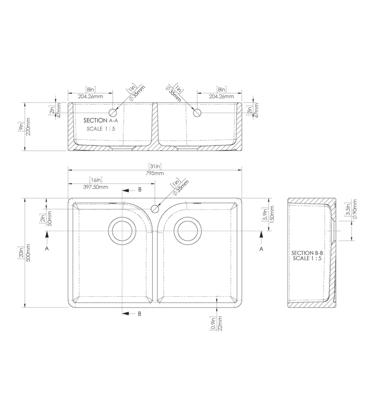 Modern Splash 795mm x 500mm x 220mm Fireclay White 1 Tap Hole Double Bowl Butler Sink With Full Weir And Overflow