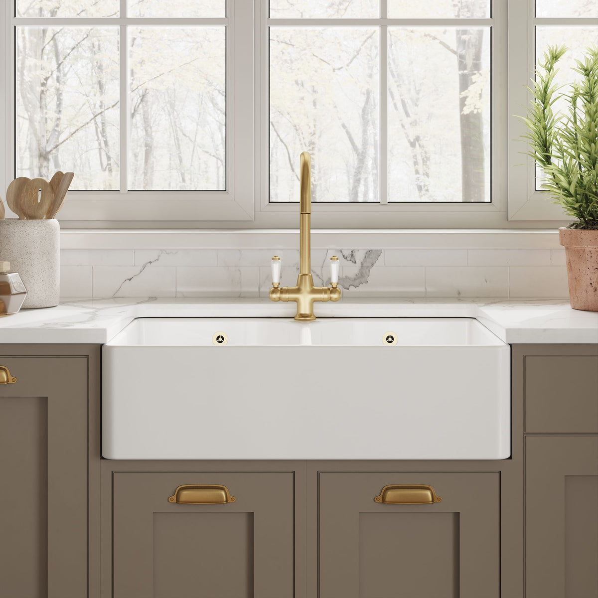 Modern Splash 795mm x 500mm x 220mm Fireclay White 1 Tap Hole Double Bowl Butler Sink With Full Weir And Overflow