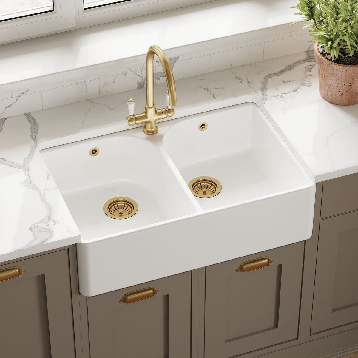Modern Splash 795mm x 500mm x 220mm Fireclay White 1 Tap Hole Double Bowl Butler Sink With Full Weir And Overflow