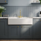 Modern Splash 895mm x 550mm x 220mm Fireclay White 1 Tap Hole Double Bowl Butler Sink With Stepped Weir And Overflow