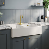 Modern Splash 895mm x 550mm x 220mm Fireclay White 1 Tap Hole Double Bowl Butler Sink With Stepped Weir And Overflow