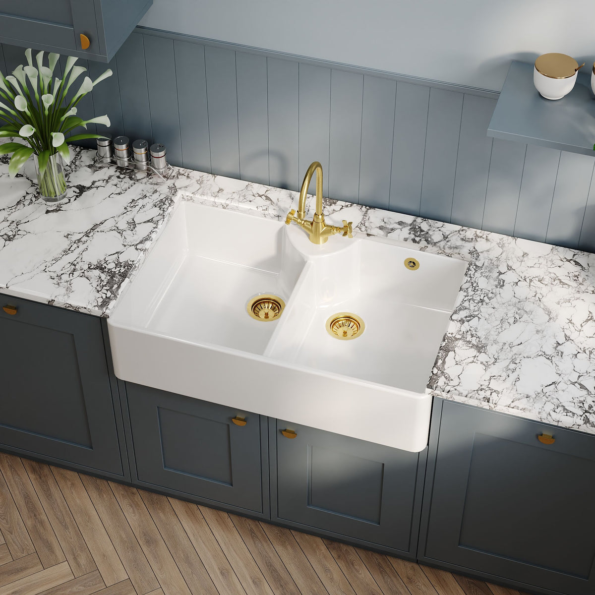 Modern Splash 895mm x 550mm x 220mm Fireclay White 1 Tap Hole Double Bowl Butler Sink With Stepped Weir And Overflow