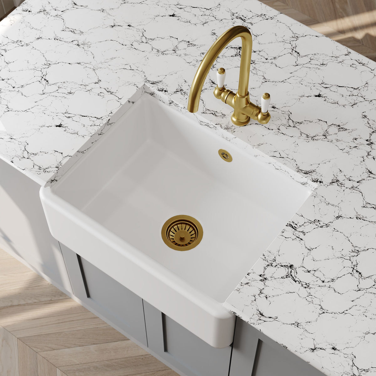 Modern Splash 595mm x 450mm x 220mm Fireclay White Single Bowl Traditional Thick Walled Butler Sink