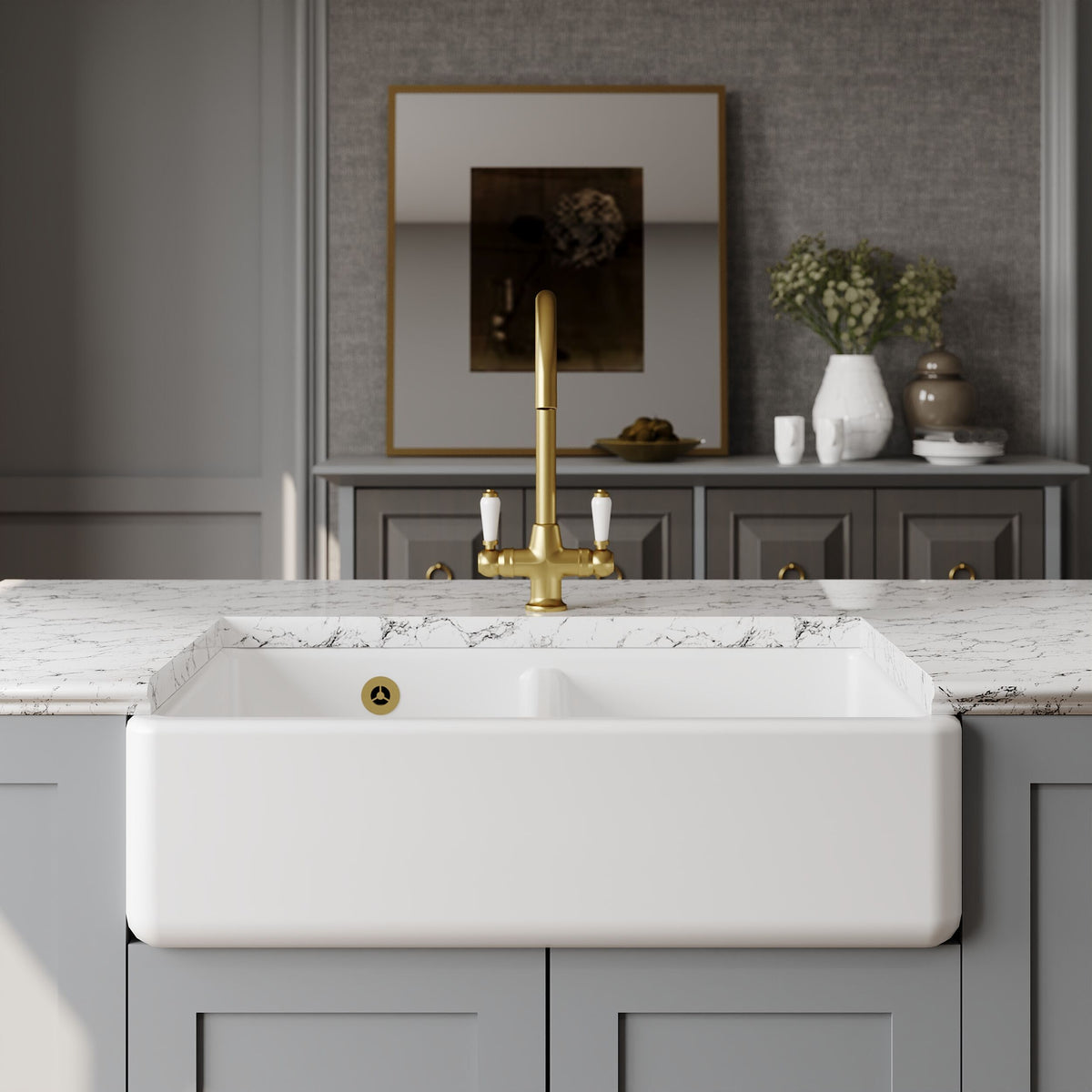 Modern Splash 795mm x 500mm x 220mm Fireclay White Double Bowl Traditional Thick Walled Butler Sink