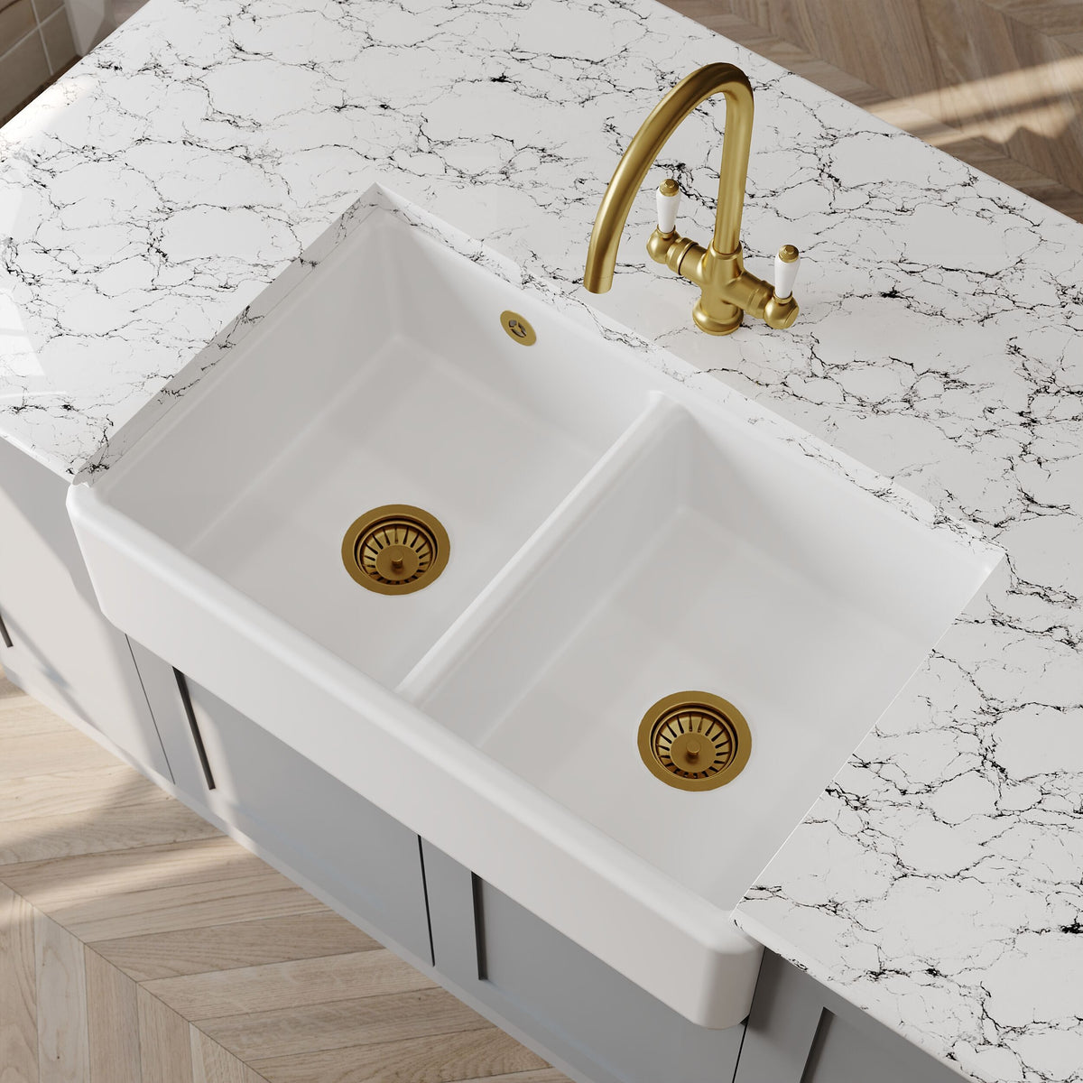 Modern Splash 795mm x 500mm x 220mm Fireclay White Double Bowl Traditional Thick Walled Butler Sink
