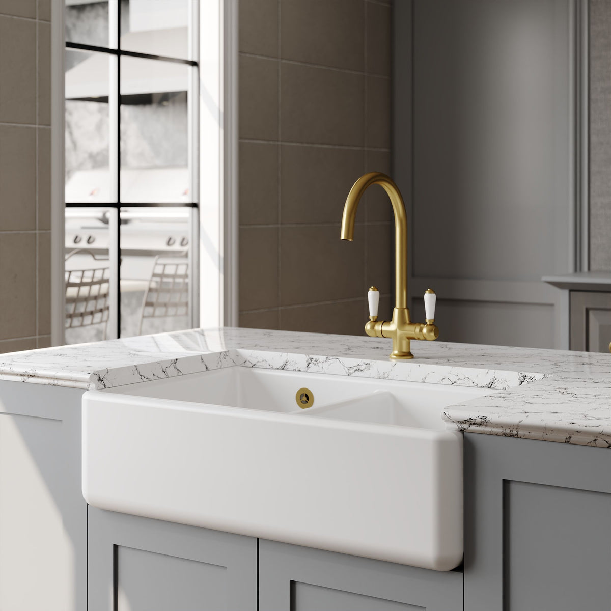 Modern Splash 795mm x 500mm x 220mm Fireclay White Double Bowl Traditional Thick Walled Butler Sink