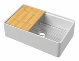 Modern Splash 795mm x 460mm x 220mm Fireclay White Single Bowl Butler Sink With Ledge, Wire Grid And Bamboo Chopping Board