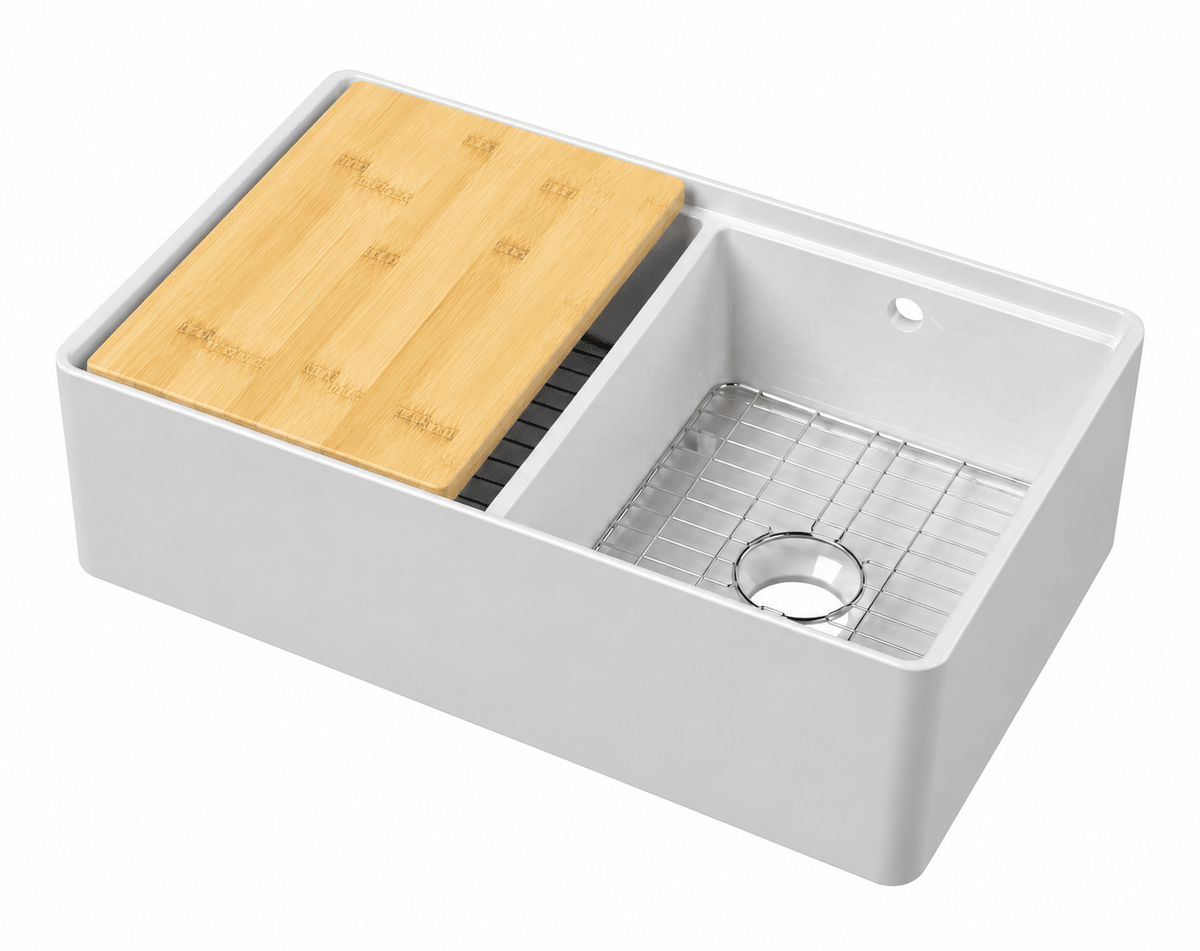 Modern Splash 795mm x 460mm x 220mm Fireclay White Double Bowl Butler Sink With Ledge, Wire Grid And Bamboo Chopping Board
