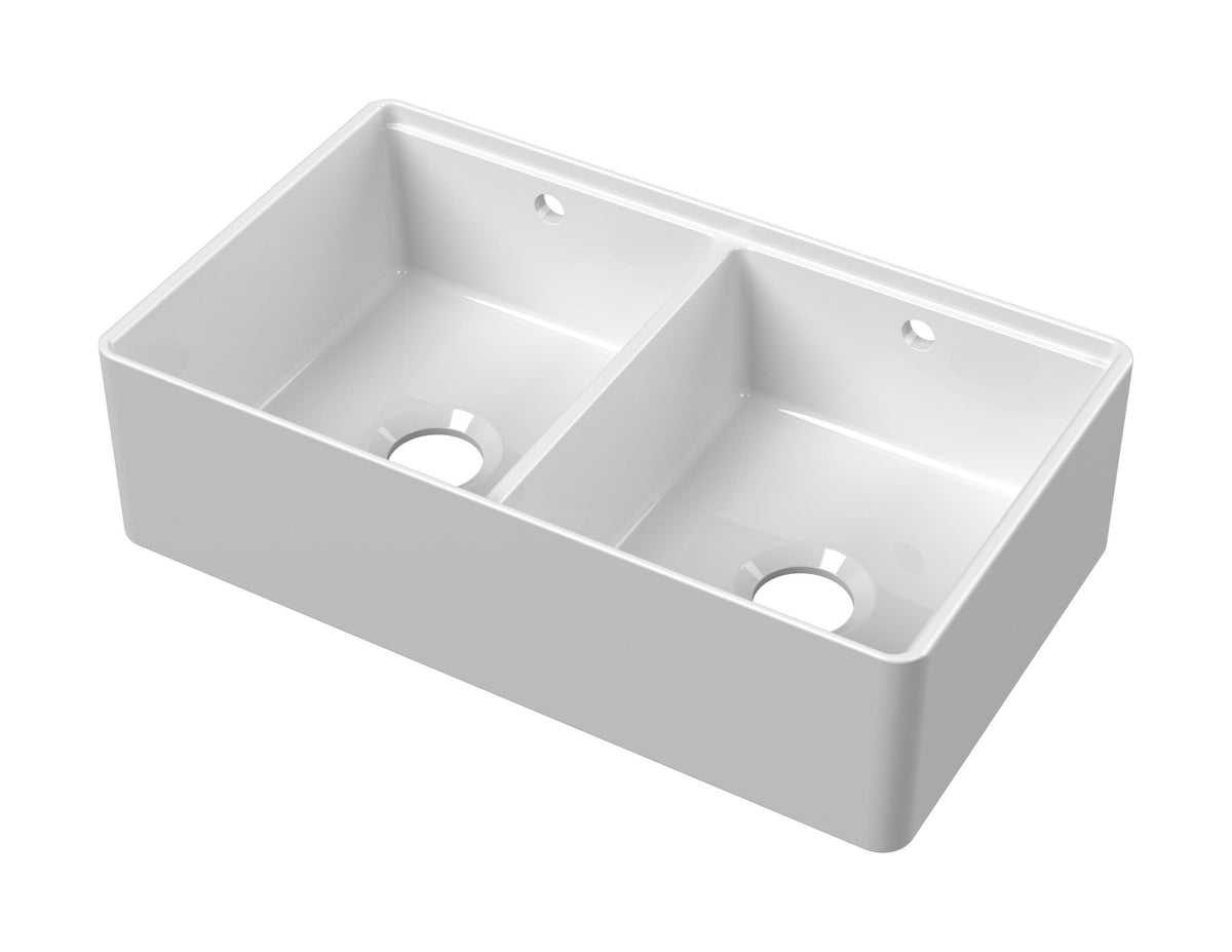 Modern Splash 795mm x 460mm x 220mm Fireclay White Double Bowl Butler Sink With Ledge