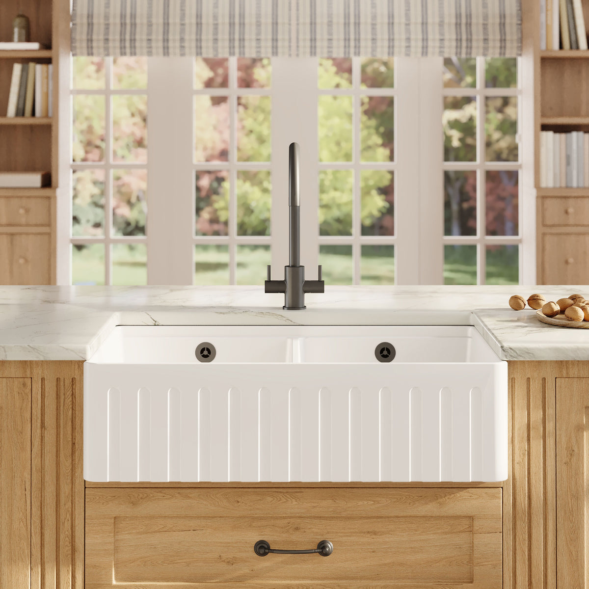 Modern Splash 795mm x 460mm x 220mm Fireclay White Double Bowl Butler Sink With Ledge