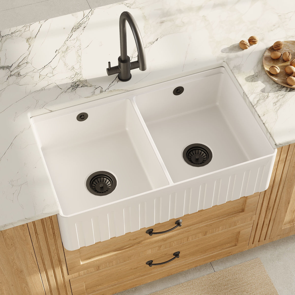 Modern Splash 795mm x 460mm x 220mm Fireclay White Double Bowl Butler Sink With Ledge