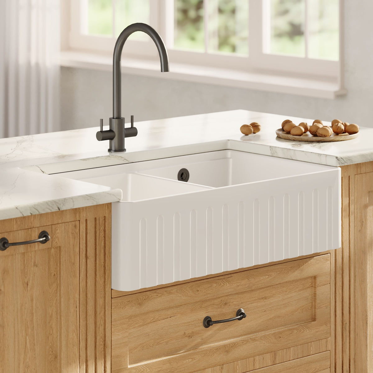 Modern Splash 795mm x 460mm x 220mm Fireclay White Double Bowl Butler Sink With Ledge