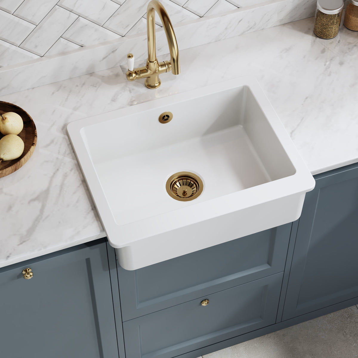 Modern Splash 595mm x 460mm x 200mm Fireclay White Single Bowl Overmount Butler Sink