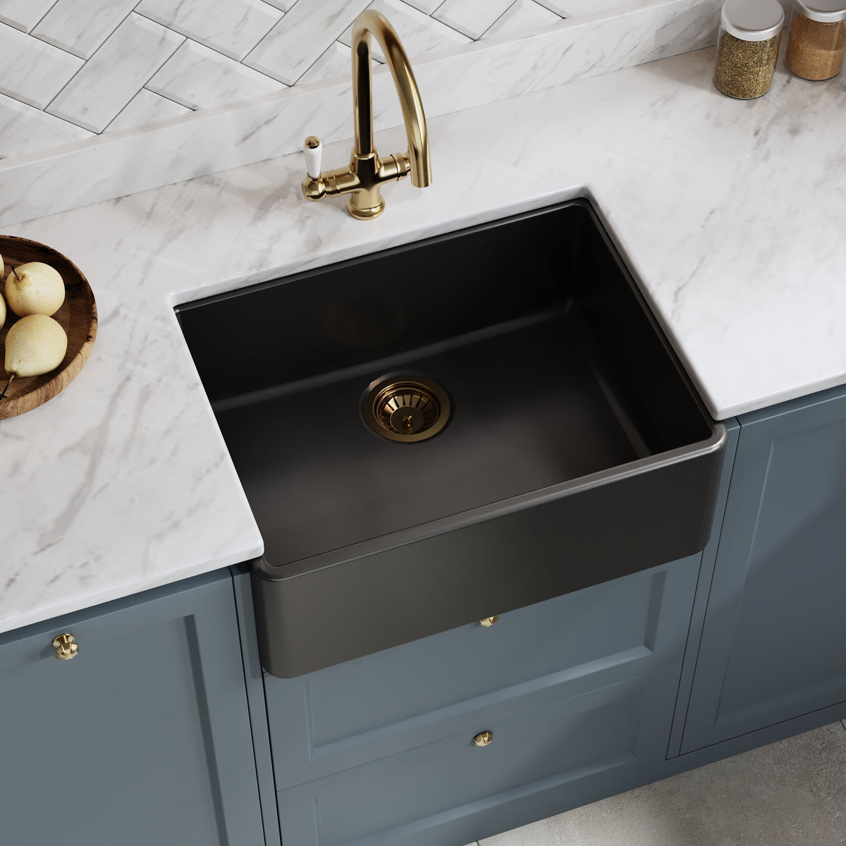Modern Splash 595mm x 450mm x 220mm Fireclay Soft Black Single Bowl Butler Sink With Offset Waste