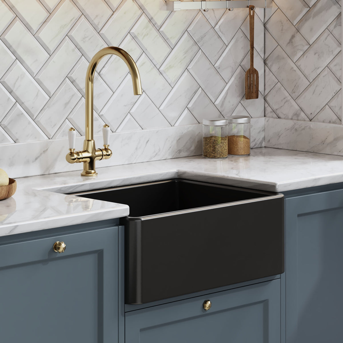 Modern Splash 595mm x 450mm x 220mm Fireclay Soft Black Single Bowl Butler Sink With Offset Waste