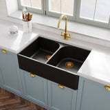 Modern Splash 795mm x 500mm x 220mm Fireclay Soft Black Double Bowl Butler Sink With Full Weir and Offset Waste