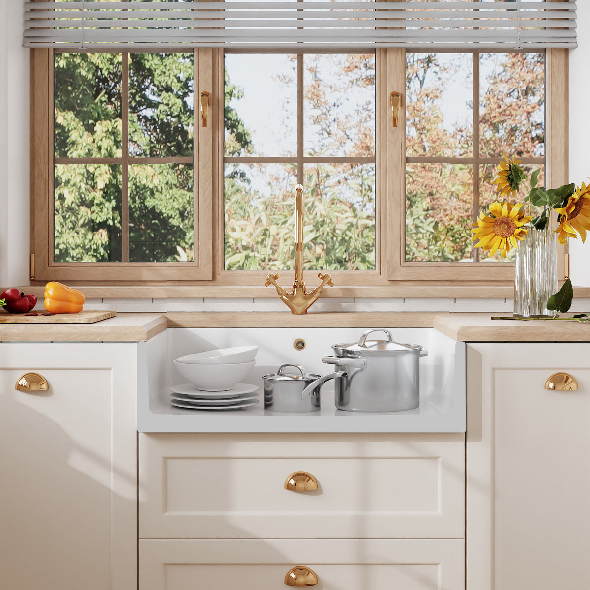 Modern Splash 795mm x 500mm x 220mm Fireclay White Single Bowl Fluted Butler Sink With Offset Waste And Overflow