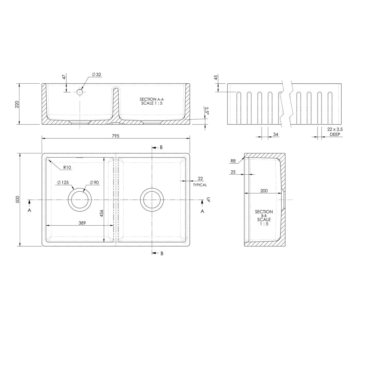 Modern Splash 795mm x 500mm x 220mm Fireclay White Double Bowl Fluted Butler Sink With Central Wastes And Overflow