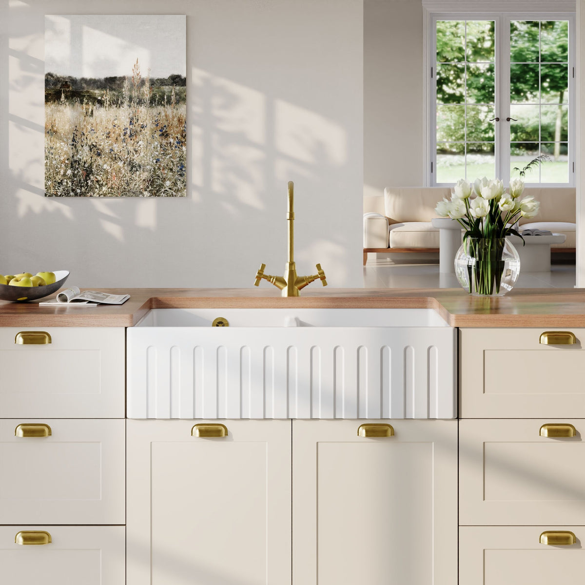 Modern Splash 795mm x 500mm x 220mm Fireclay White Double Bowl Fluted Butler Sink With Central Wastes And Overflow