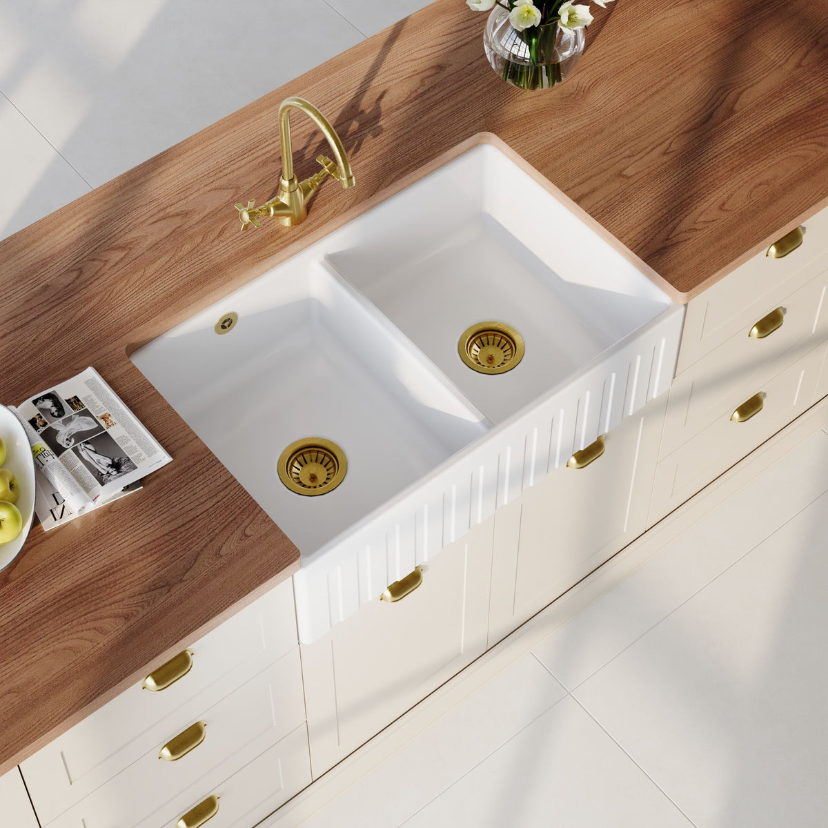 Modern Splash 795mm x 500mm x 220mm Fireclay White Double Bowl Fluted Butler Sink With Central Wastes And Overflow
