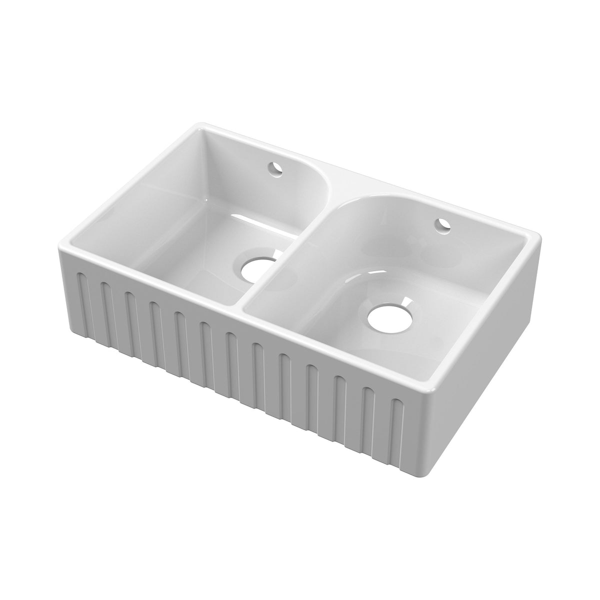 Modern Splash 795mm x 500mm x 220mm Fireclay White Double Bowl Fluted Butler Sink With Full Weir, Central Wastes And Overflows