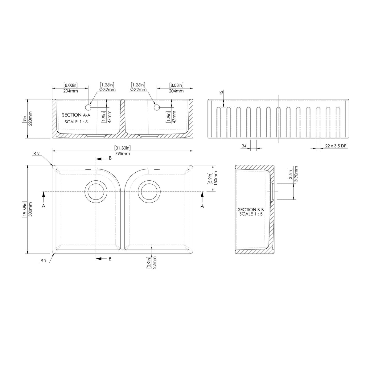 Modern Splash 795mm x 500mm x 220mm Fireclay White Double Bowl Fluted Butler Sink With Full Weir, Central Wastes And Overflows