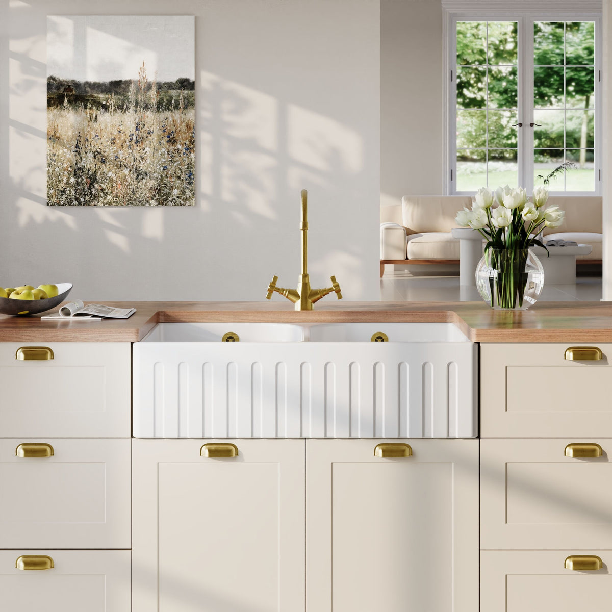 Modern Splash 795mm x 500mm x 220mm Fireclay White Double Bowl Fluted Butler Sink With Full Weir, Central Wastes And Overflows