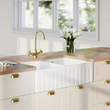 Modern Splash 795mm x 500mm x 220mm Fireclay White Double Bowl Fluted Butler Sink With Full Weir, Central Wastes And Overflows