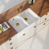 Modern Splash 795mm x 500mm x 220mm Fireclay White Double Bowl Fluted Butler Sink With Full Weir, Central Wastes And Overflows