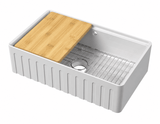 Modern Splash 795mm x 460mm x 220mm Fireclay White Single Bowl Fluted Butler Sink With Ledge, Wire Grid And Bamboo Chopping Board