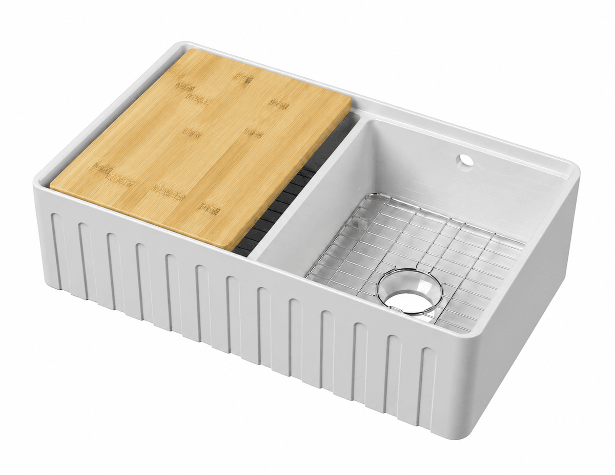 Modern Splash 795mm x 460mm x 220mm Fireclay White Double Bowl Fluted Butler Sink With Ledge, Wire Grid And Bamboo Chopping Board