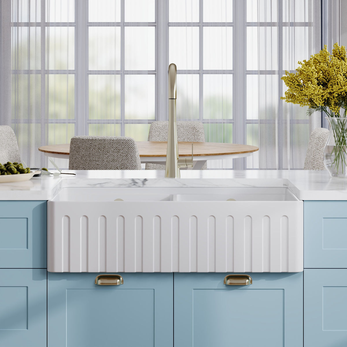 Modern Splash 795mm x 460mm x 220mm Fireclay White Double Bowl Fluted Butler Sink With Ledge