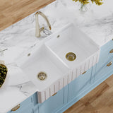Modern Splash 795mm x 460mm x 220mm Fireclay White Double Bowl Fluted Butler Sink With Ledge