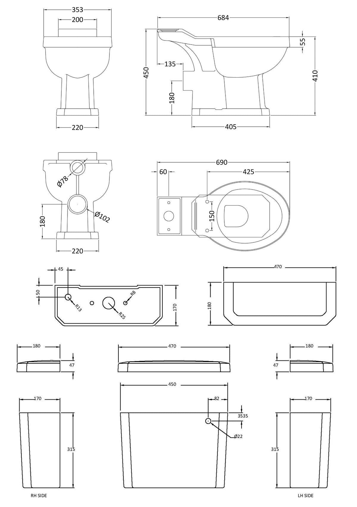 Modern Splash Traditional 470mm Close Coupled Toilet With Soft Close Seat