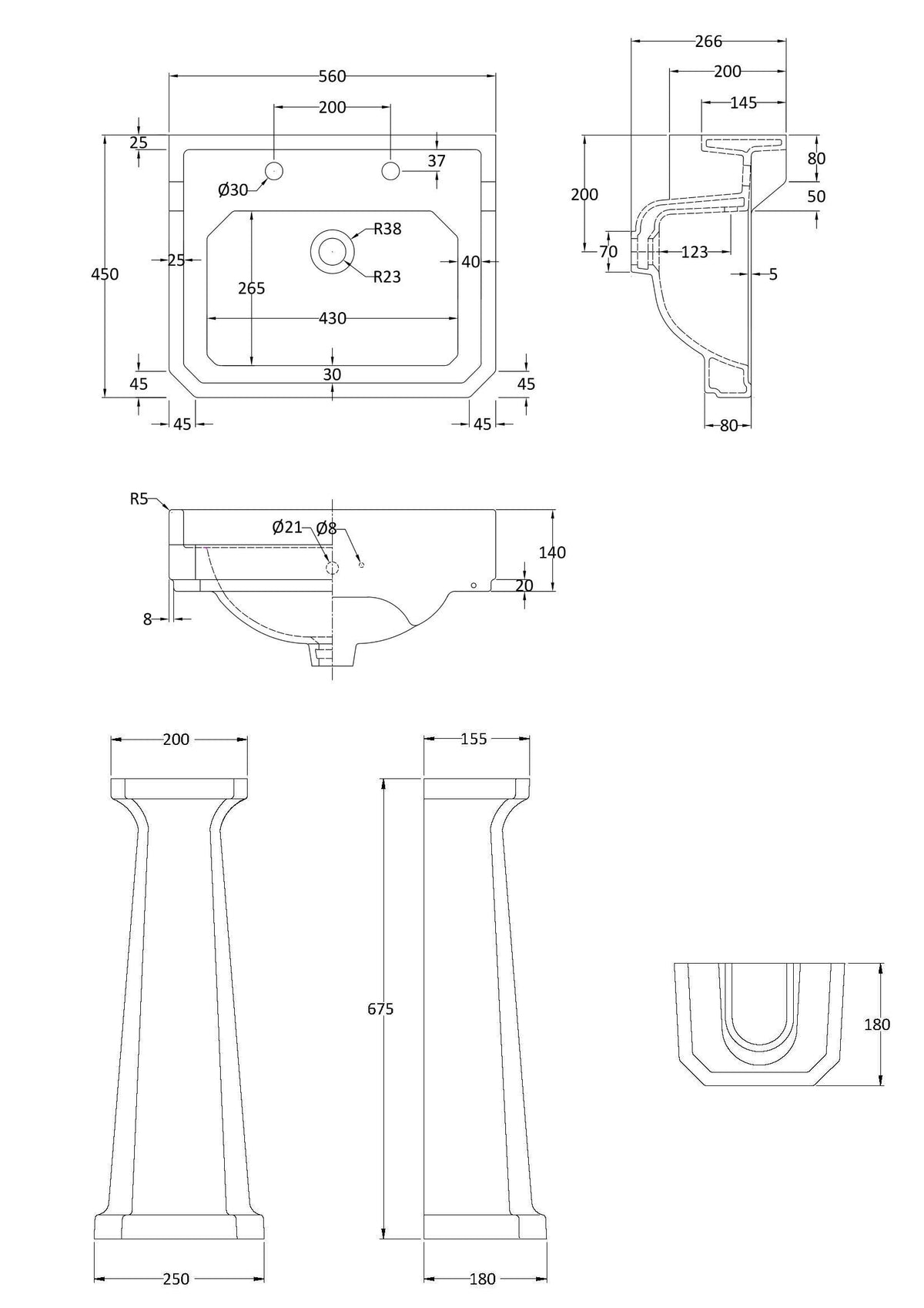 Modern Splash 2 Tap Hole 560mm Ceramic Basin & Pedestal