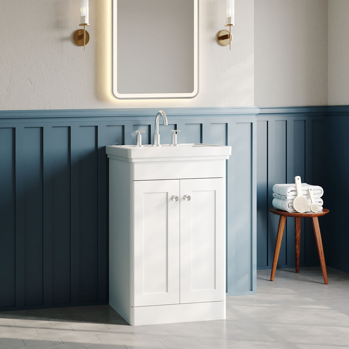 Modern Splash 500mm Satin White 2 Door Floor Standing Vanity Unit With 3 Tap Hole Basin